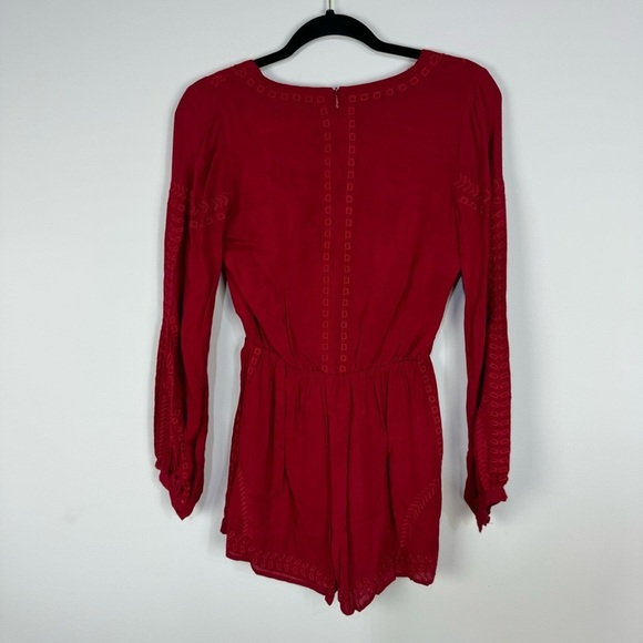 Lulu's Red Deep v Plunge Embroidered Long Sleeve Romper Jumper Boho Bohemian - Picture 2 of 5